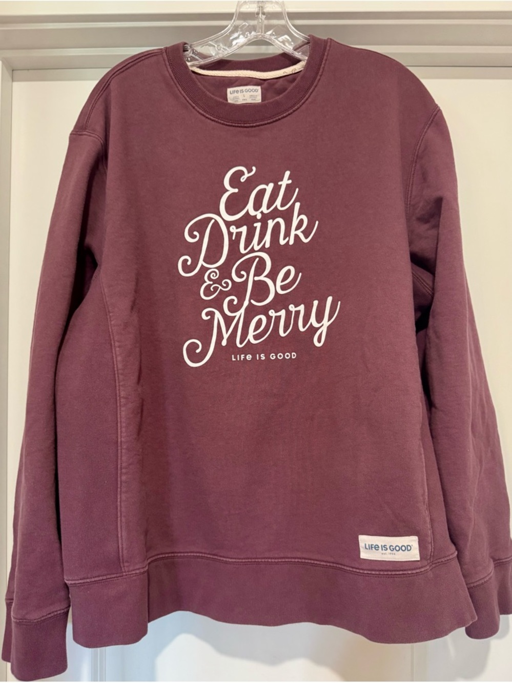 Life Is Good Christmas “Eat Drink & Be Me Merry” Plum Crewneck Sweatshirt L